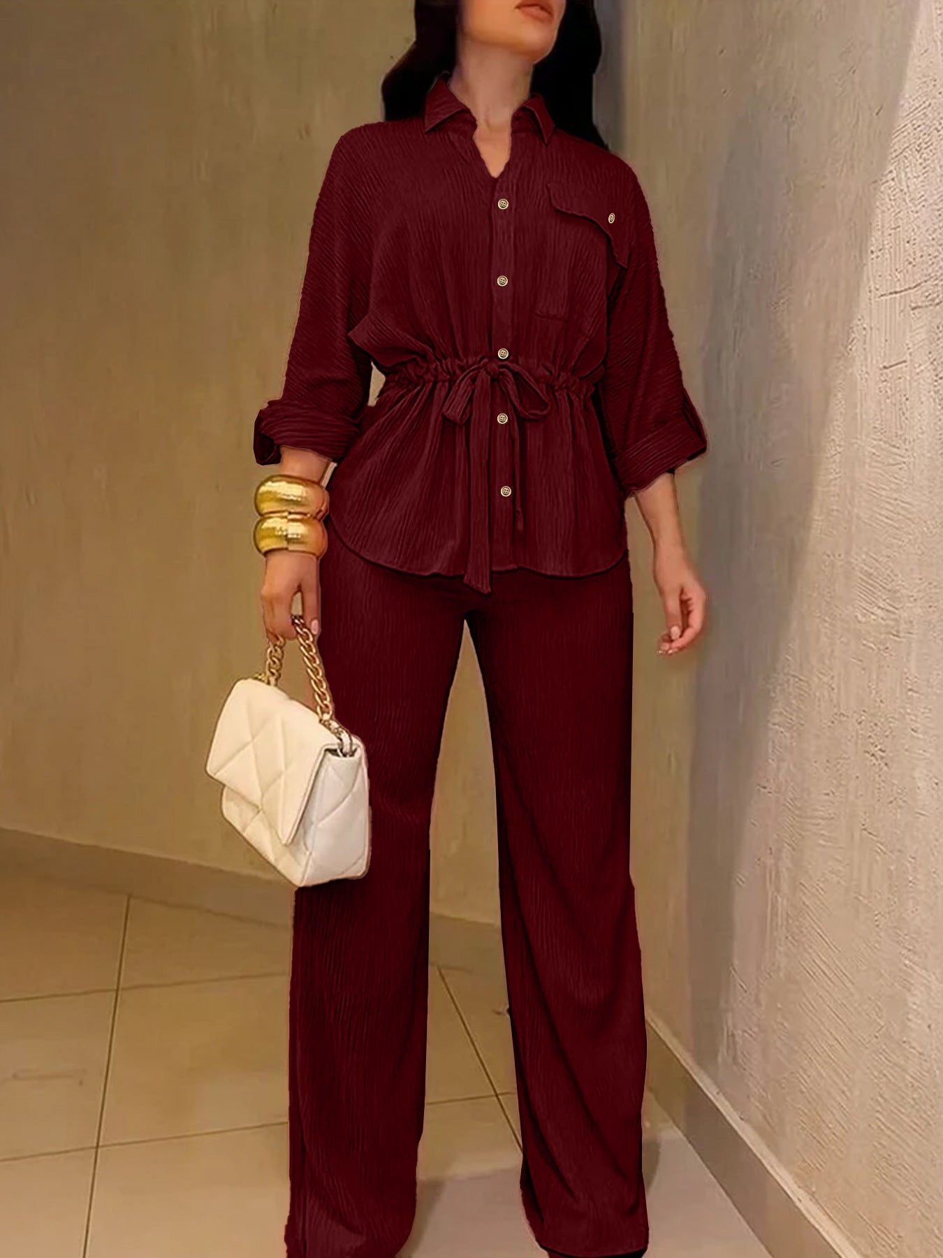 Women's Collared Button Down Shirt Wide Leg Pants 2PC Set