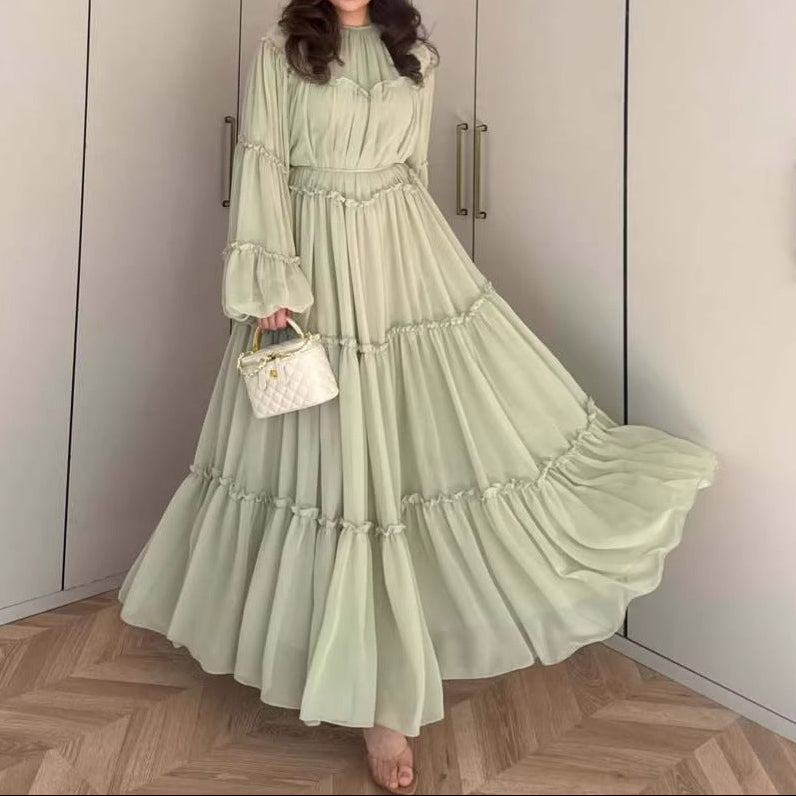 Long Puff Sleeve Tiered Maxi Dress Tie Waist