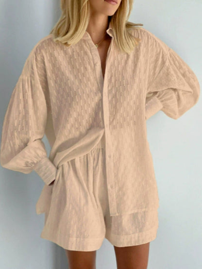 Women's Cotton Jacquard Shirt and Shorts Two Piece Set