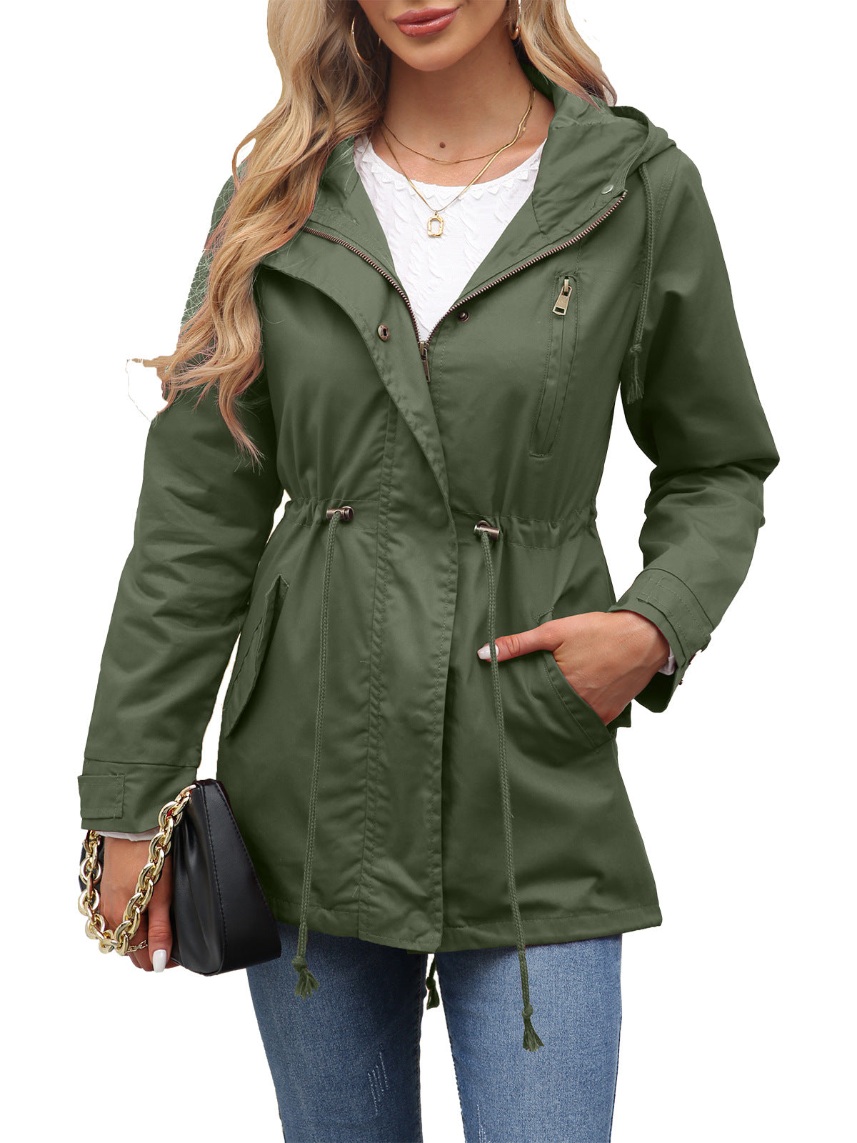 Women's Cotton Hooded Utility Jacket Drawstring Waist
