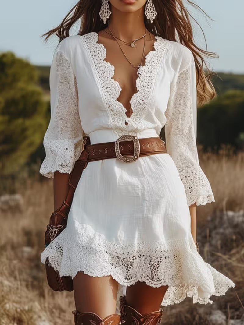 Boho Lace V-Neck Bell Sleeve Mini Dress