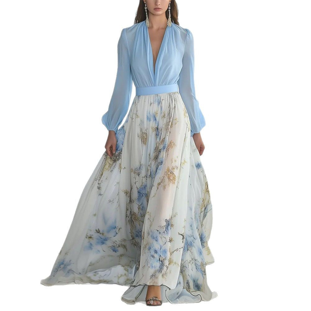 Floral Chiffon Maxi Dress Long Sleeve V-Neck Belted