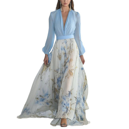Floral Chiffon Maxi Dress Long Sleeve V-Neck Belted
