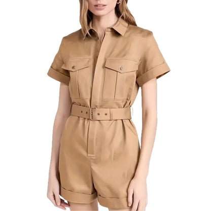 Women's Belted Utility Romper Short Sleeve Cargo Jumpsuit