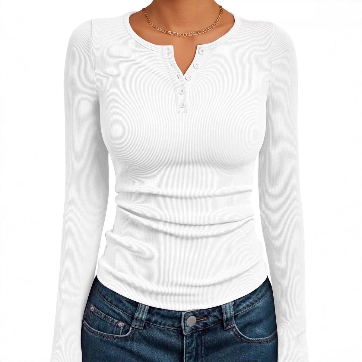 Women's Ribbed Henley Long Sleeve Fitted Top