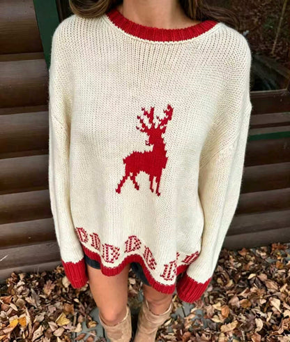 Women's Oversized Reindeer Christmas Crewneck Sweater
