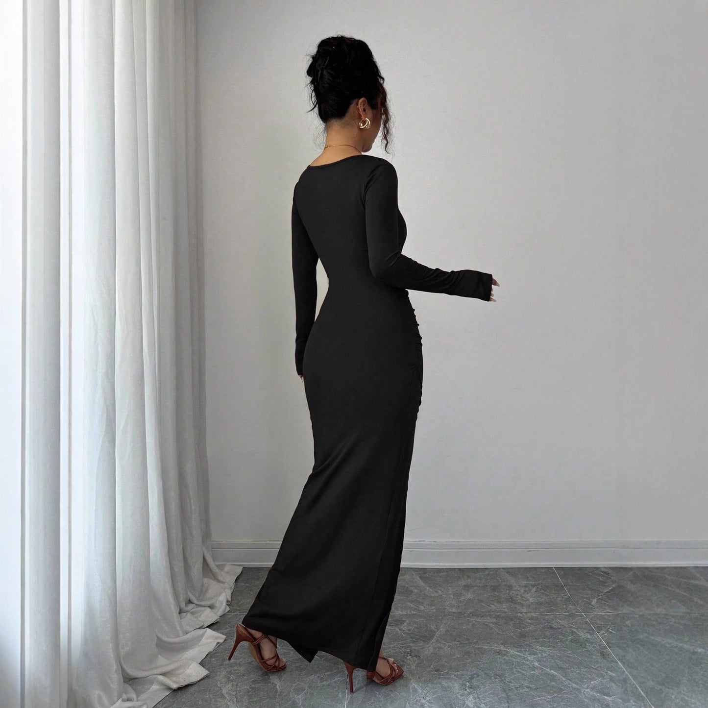 Square Neck Ruched Bodycon Maxi Dress with Side Slit