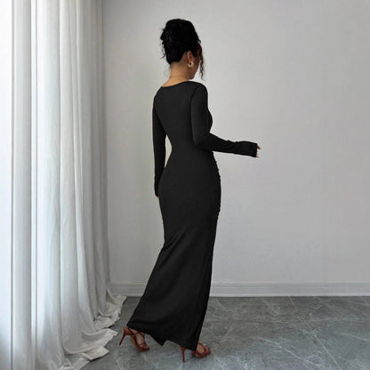 Square Neck Ruched Bodycon Maxi Dress with Side Slit