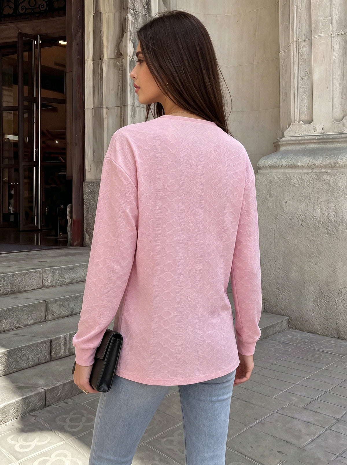 Women's Casual V-Neck Button Long Sleeve Loose Tunic Top