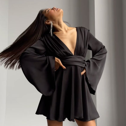 Women's Satin Bell Sleeve V-Neck Ruched Mini Dress