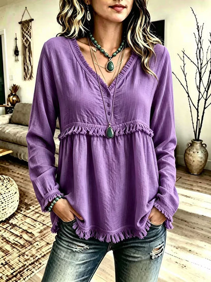 Women's V-Neck Fringe Long Sleeve Casual Blouse