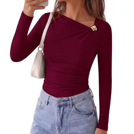 Y2K Asymmetrical Ruched Long Sleeve Slim Fit Going Out Top