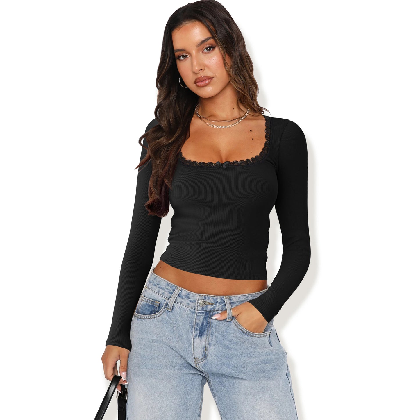 Slim Lace Splicing U-neck Long Sleeve Top - Trendy T-shirt