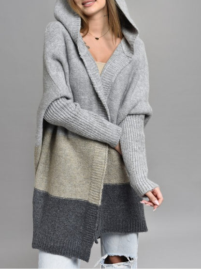 Women's Oversized Hooded Color Block Cardigan Open Front