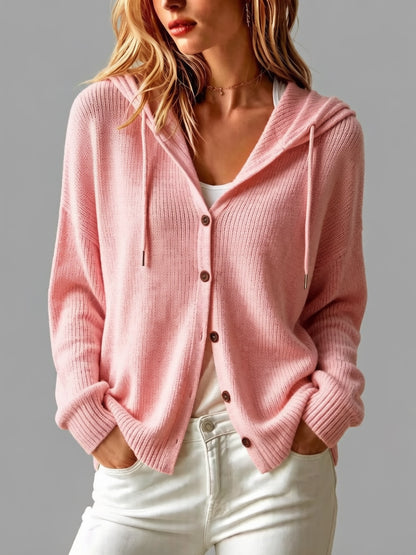 Women's Hooded Button Front Long Sleeve Knit Cardigan
