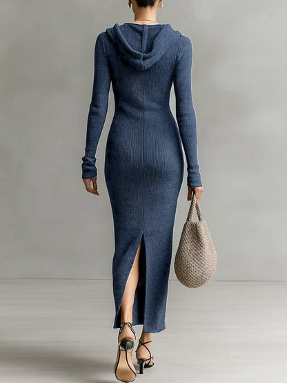 Hooded V Neck Button Front Ribbed Knit Maxi Dress