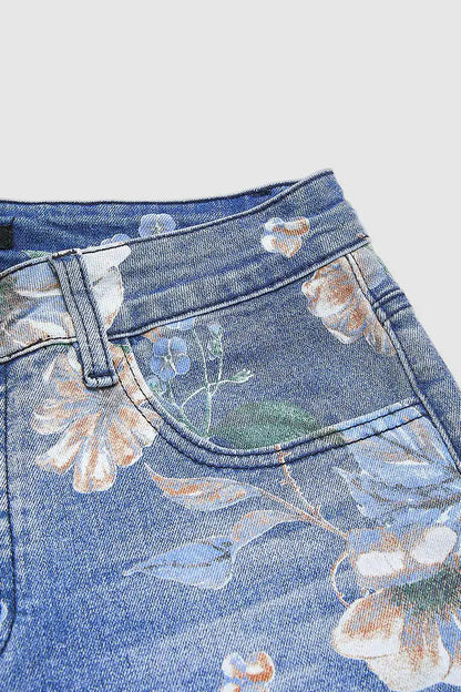 Floral Print High Waist Wide Leg Denim Jeans