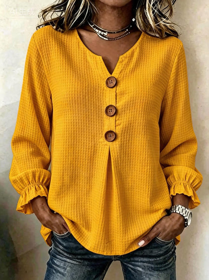 Women's Waffle Knit V Neck Ruffle Sleeve Button Front Top