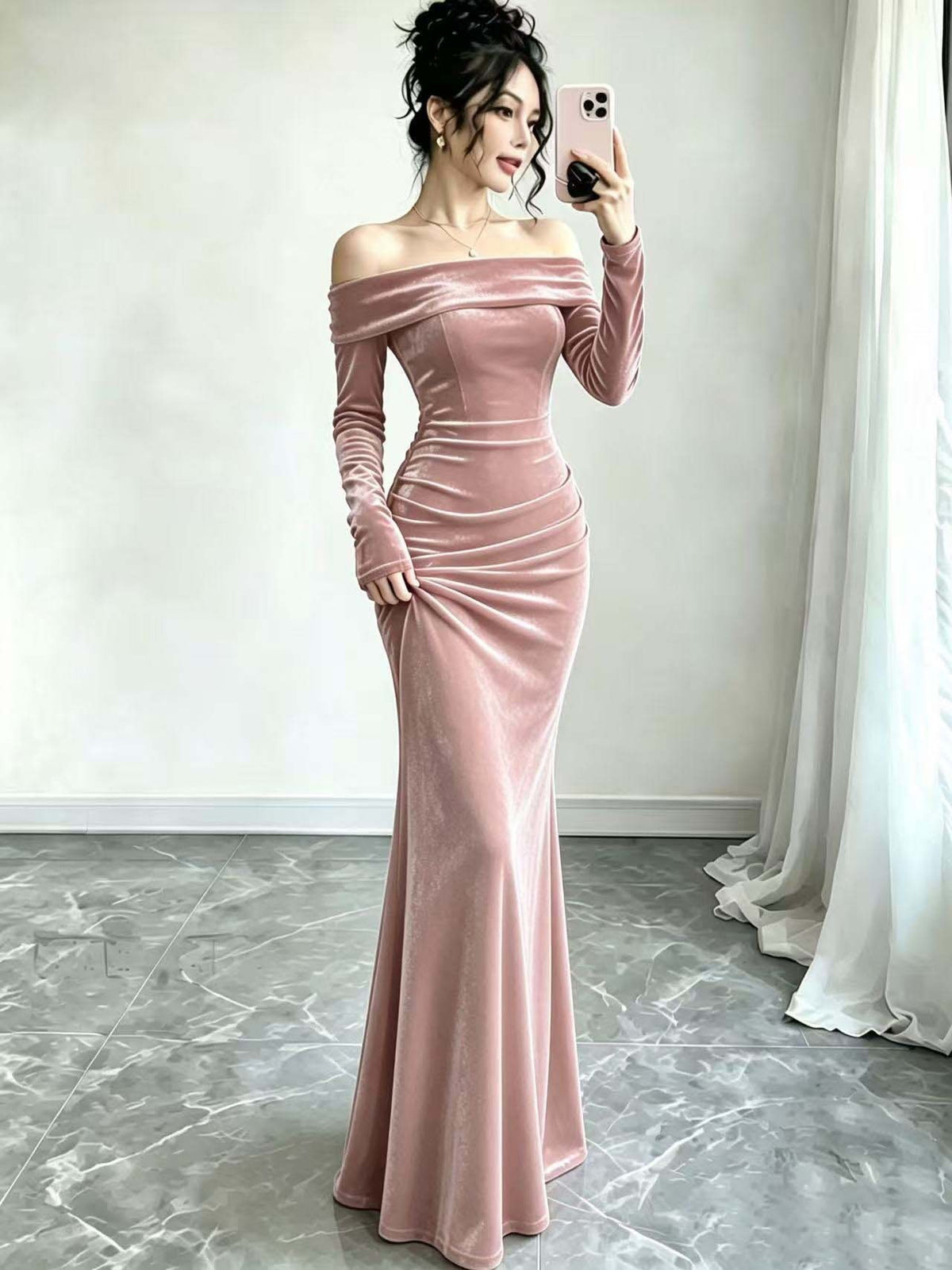 Velvet Off Shoulder Bodycon Maxi Dress Long Sleeve