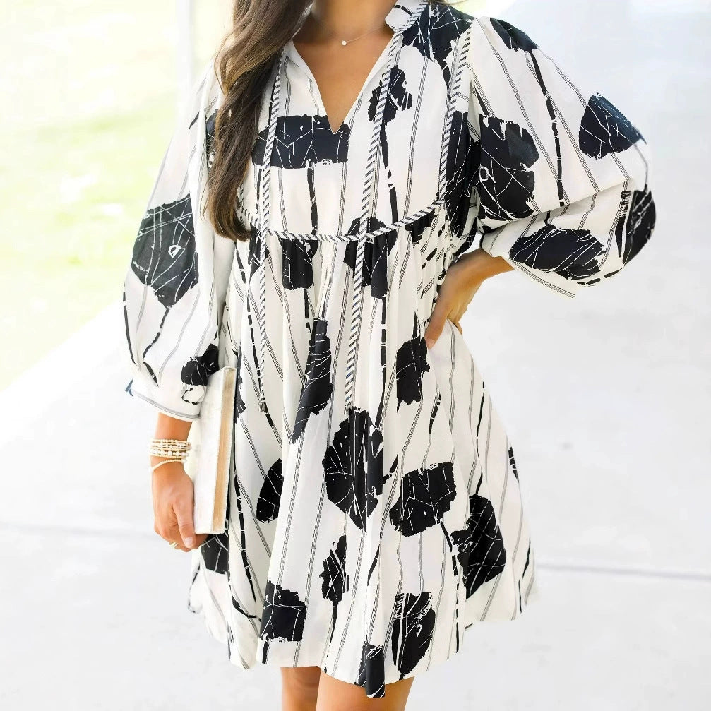 Floral V-Neck Puff Sleeve Midi Dress Tie Waist Boho Flowy