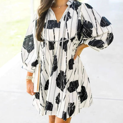 Floral V-Neck Puff Sleeve Midi Dress Tie Waist Boho Flowy