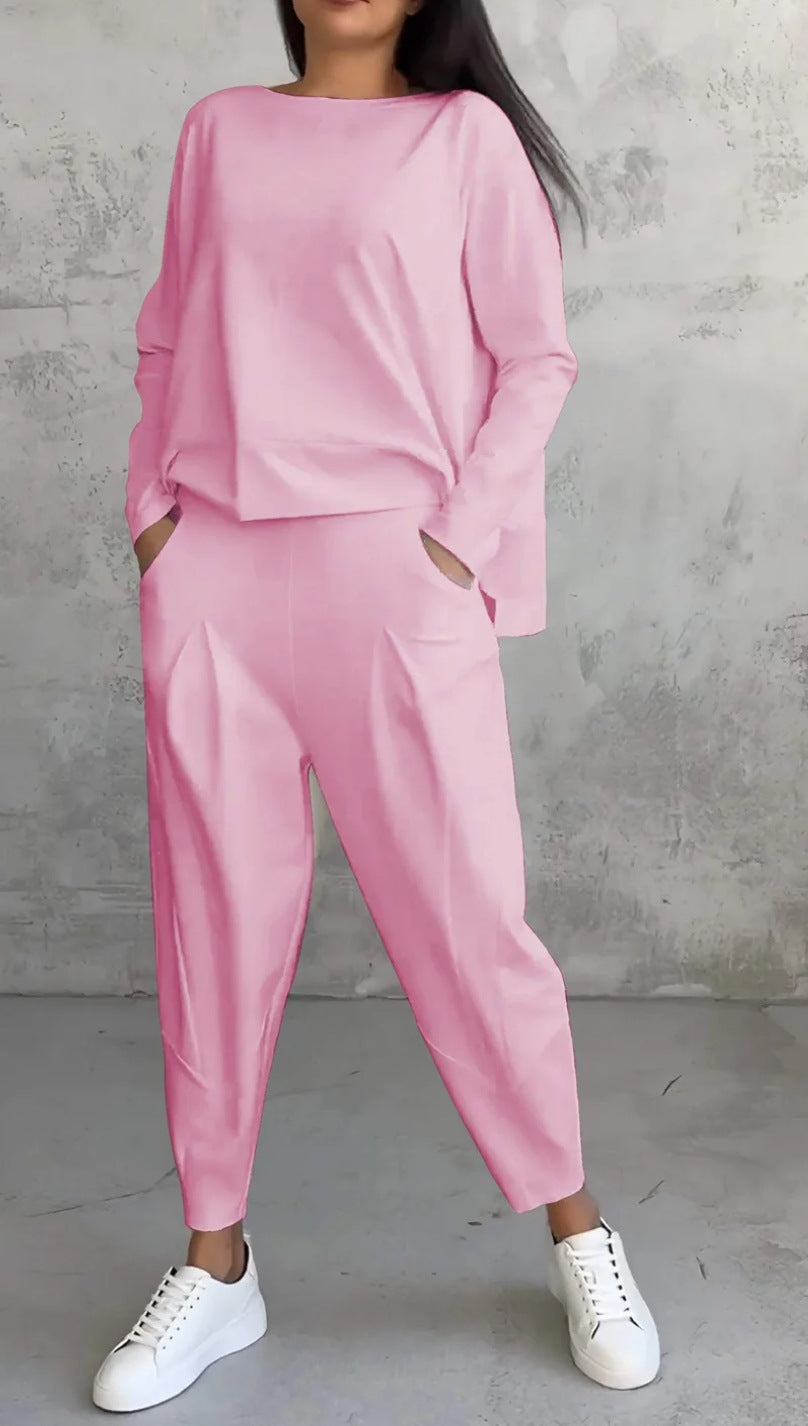 Womens Casual Two Piece Set Long Sleeve Top Pants Pockets