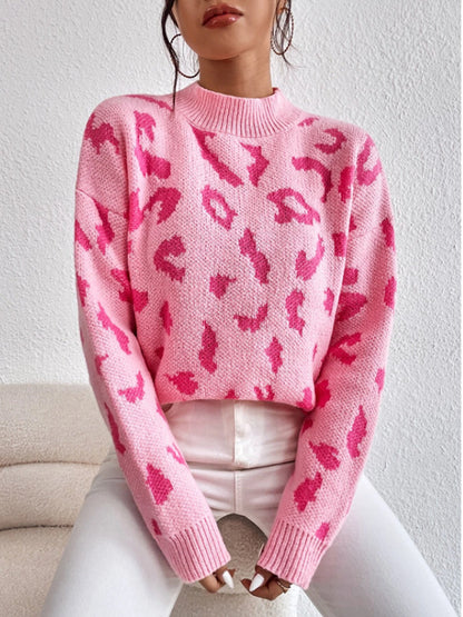 Women's Leopard Print Crew Neck Oversized Pullover Sweater