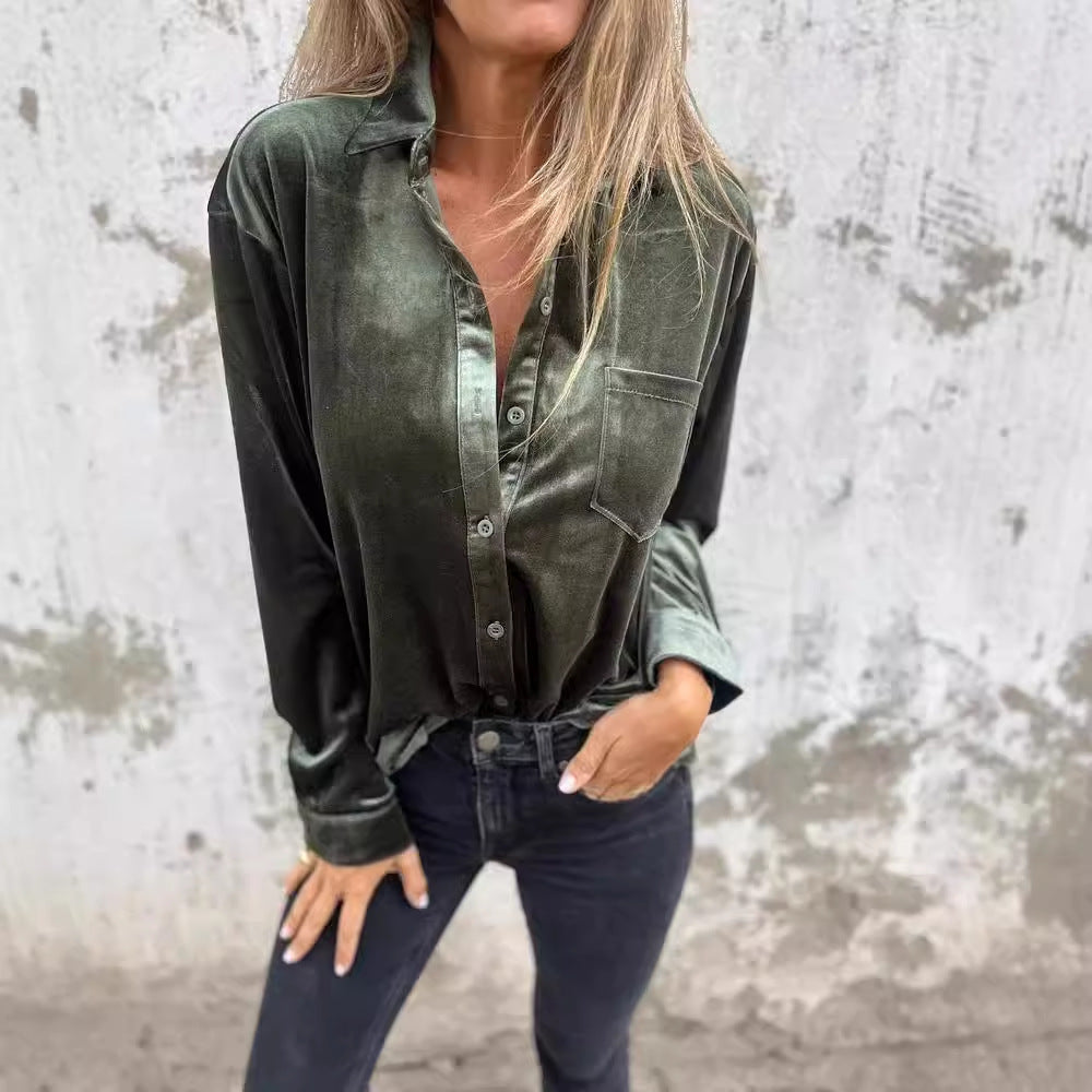 Women's Velvet Button Down Shirt Long Sleeve