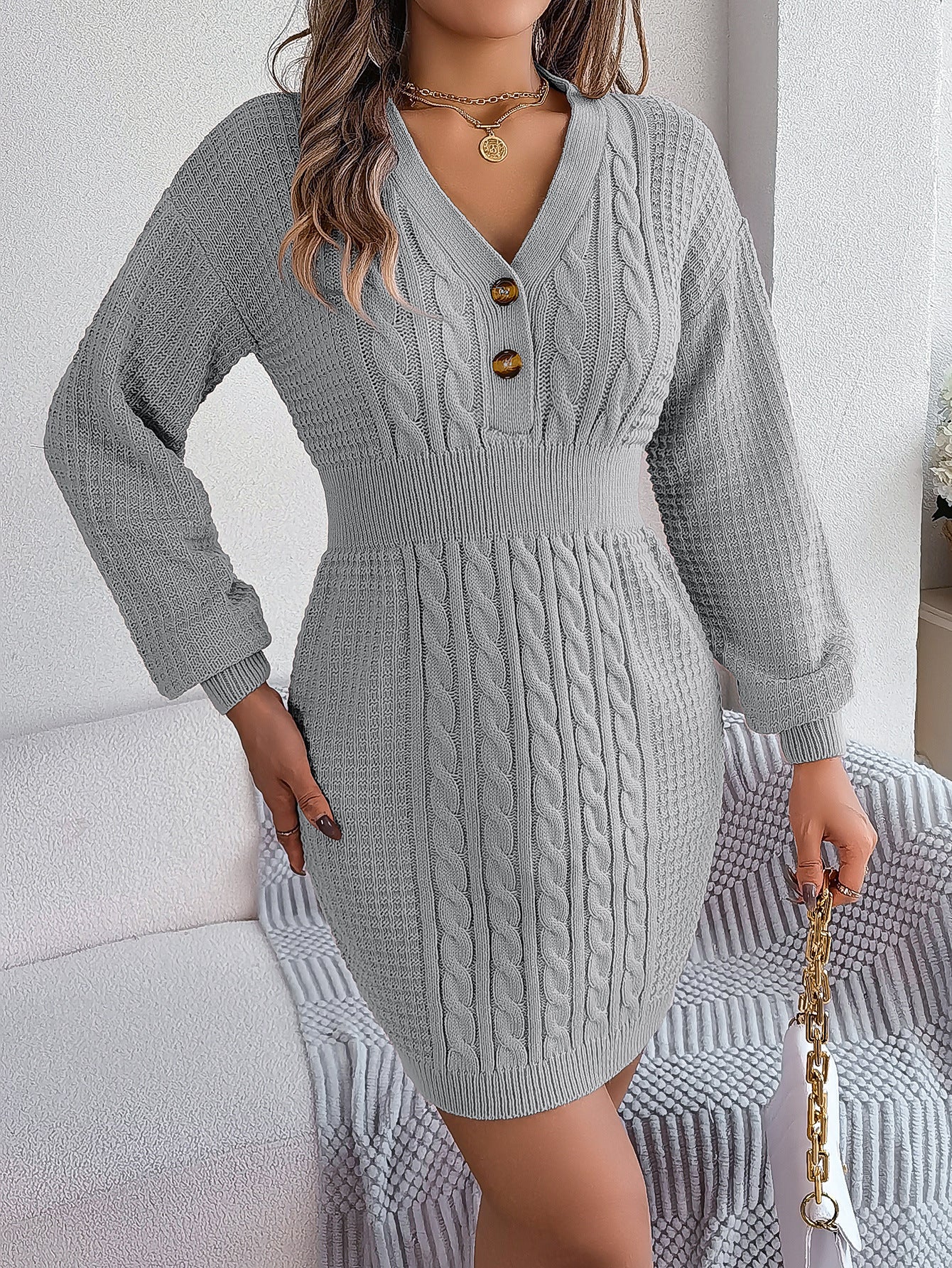 Button V Neck Sweater Dress | Cable Knit Bodycon Outfit