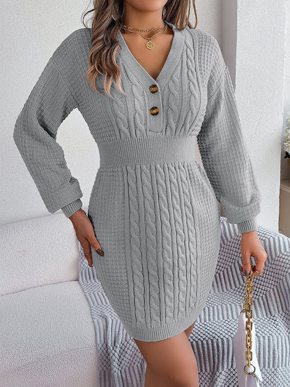 Button V Neck Sweater Dress | Cable Knit Bodycon Outfit