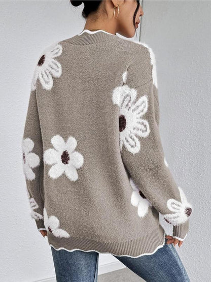 Women's V Neck Floral Fuzzy Pullover Sweater
