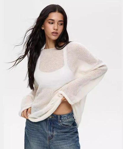 Sheer Knit Pullover Sweater Long Sleeve Loose Fit Top