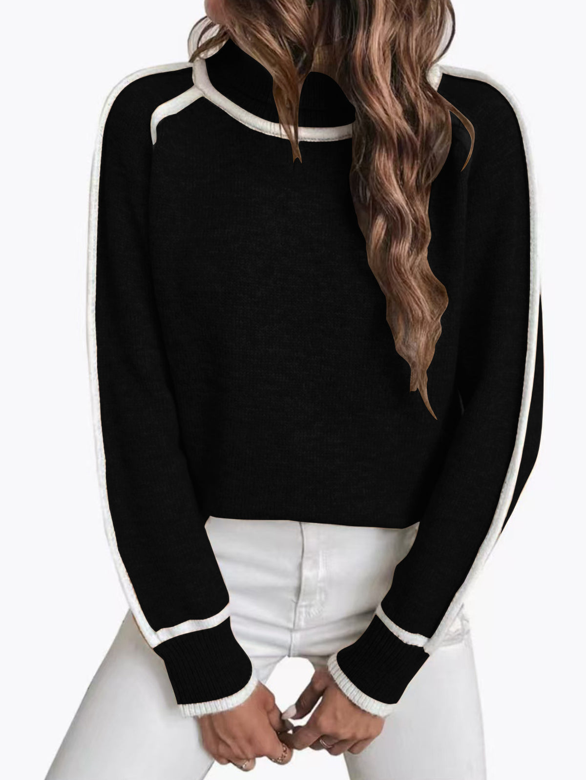 Women's Oversized Turtleneck Sweater Contrast Trim Pullover