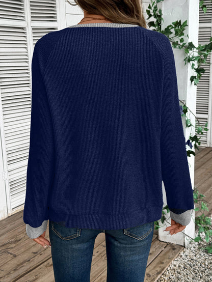 Colorblock V Neck Sweater Women Casual Knit Pullover Top