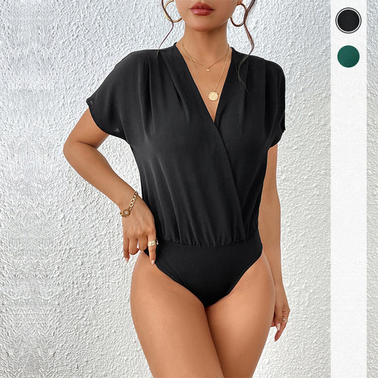 V Neck Short Sleeve Bodysuit Elegant Casual Summer Top