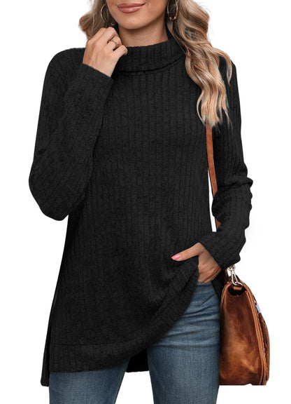 Women's Oversized Cowl Neck Long Sleeve Side Slit Tunic Top