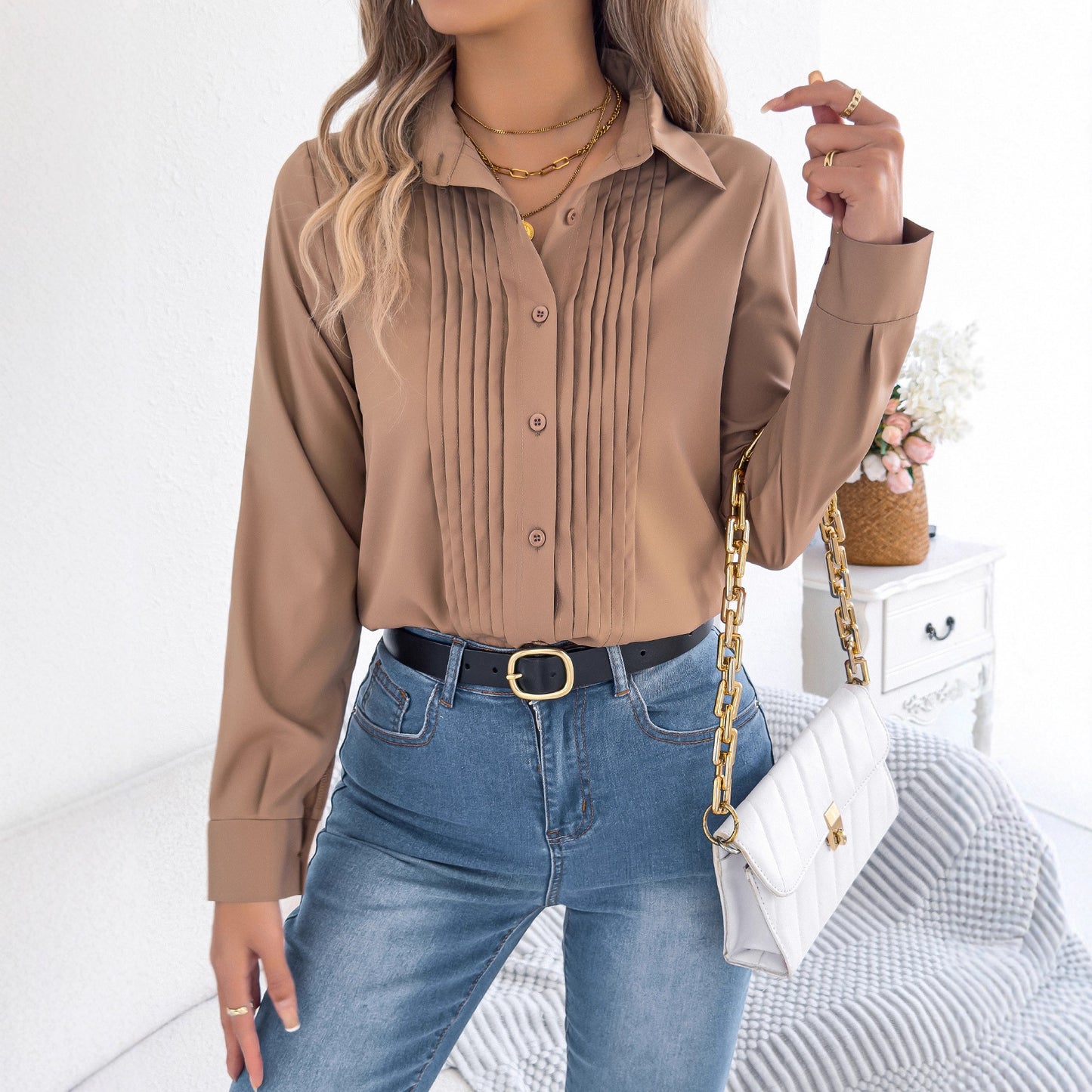 Elegant Pleated Long Sleeve Button Shirt for Women