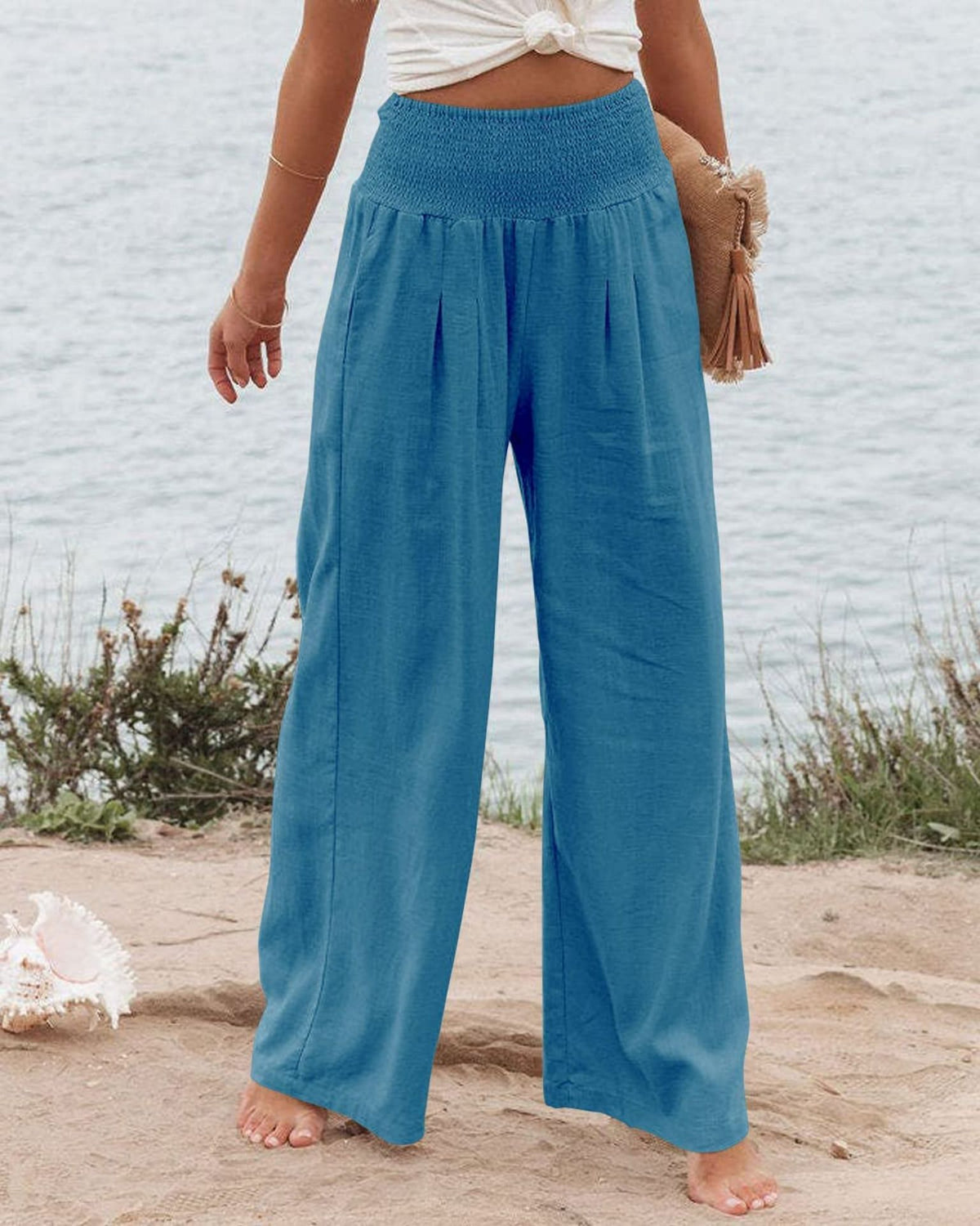 Women's Smocked High Waist Wide Leg Cotton Pants Pockets