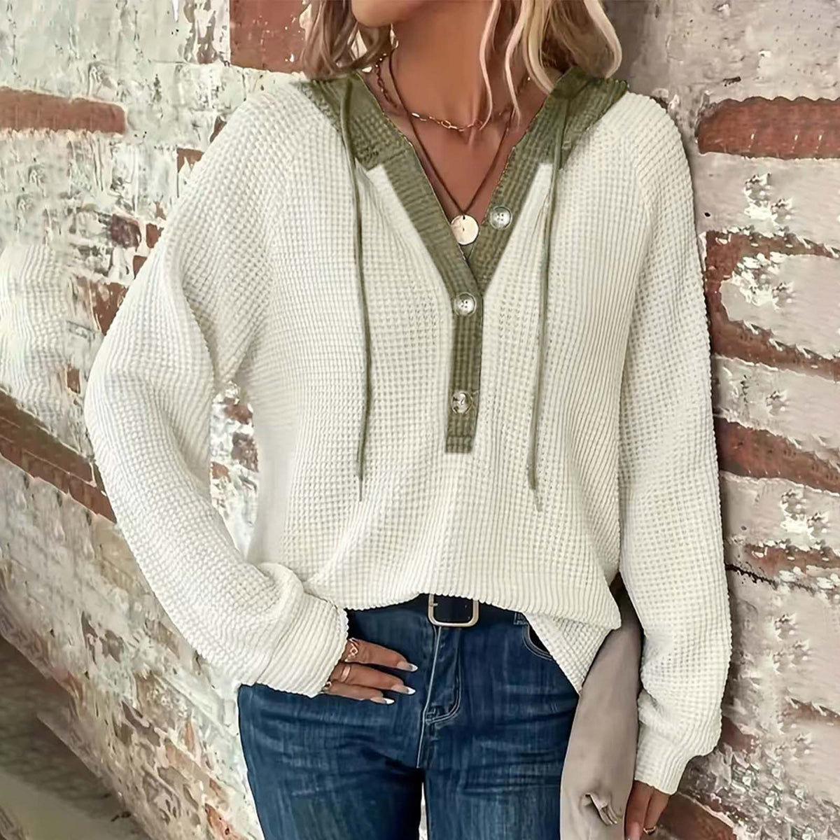 Women's Waffle Knit Color Block Henley Hoodie Long Sleeve