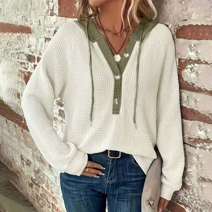 Women's Waffle Knit Color Block Henley Hoodie Long Sleeve
