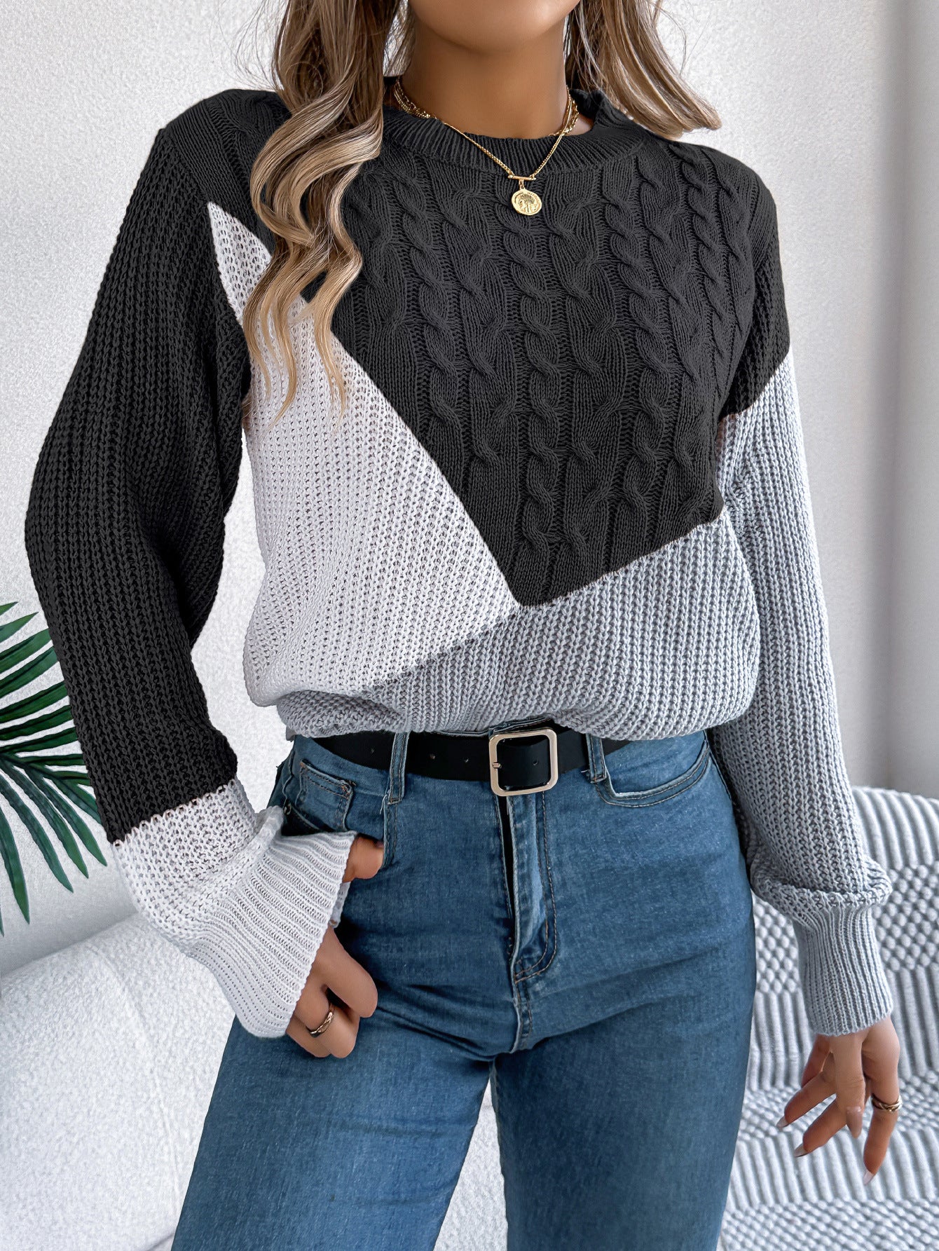Colorblock Cable Knit Sweater – Casual Fall Winter Pullover
