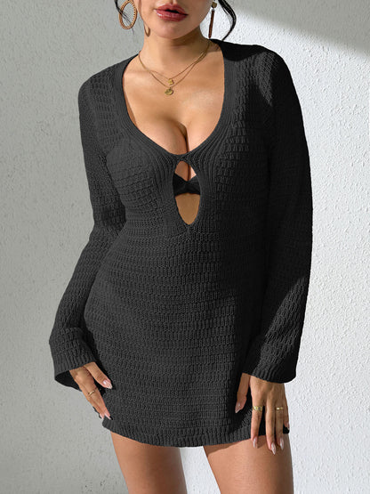 Deep V Crochet Beach Cover Up Bell Sleeve Mini Dress