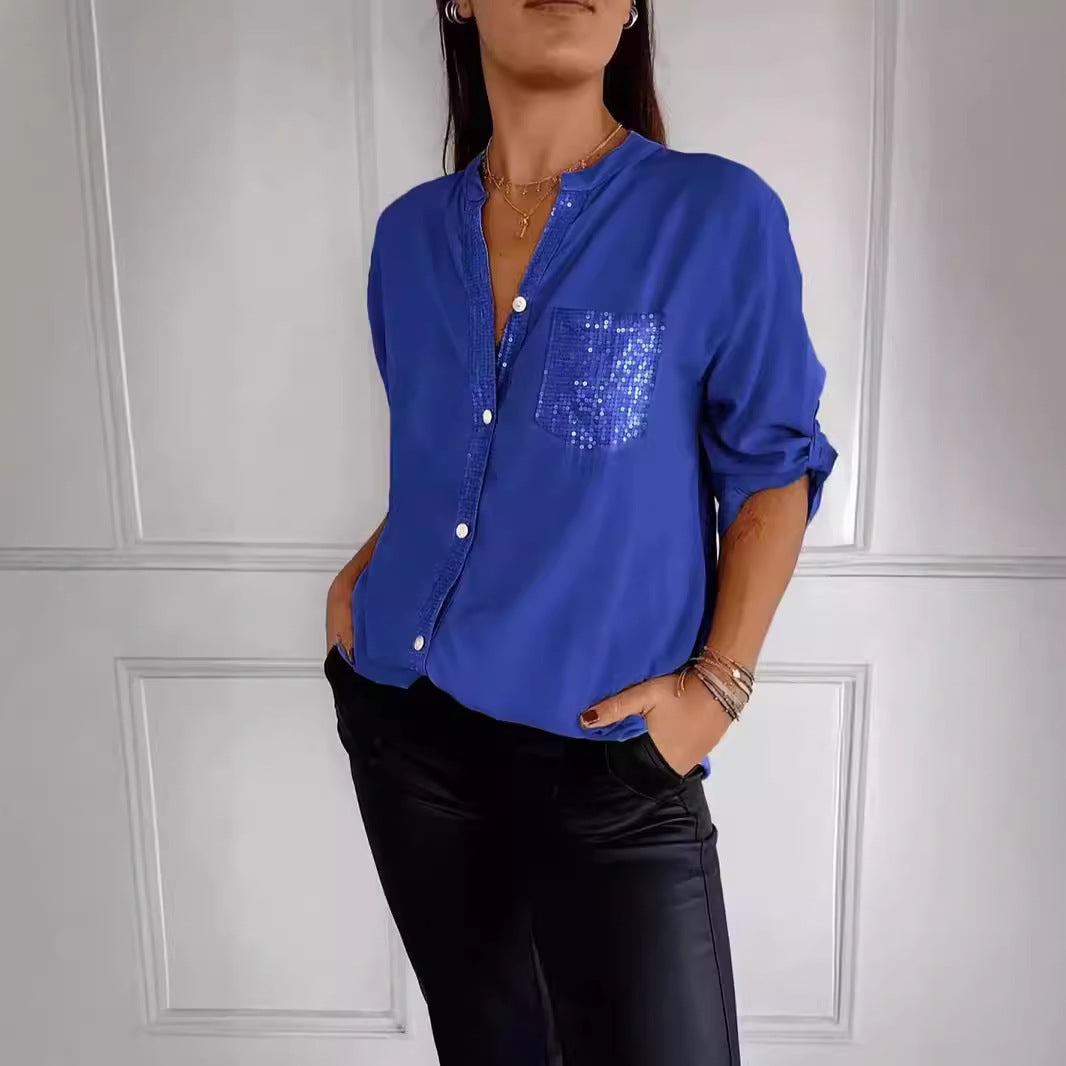Women's Rhinestone 3/4 Sleeve Casual Button Down Blouse