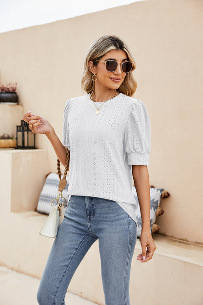 Sweet Puff Sleeve Shirt with Embroidered Cutouts