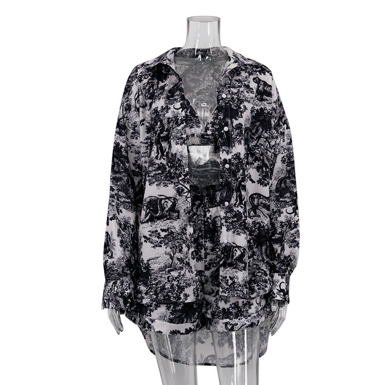Women's 3 Piece Printed Shirt Crop Top Shorts Set