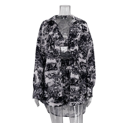 Women's 3 Piece Printed Shirt Crop Top Shorts Set