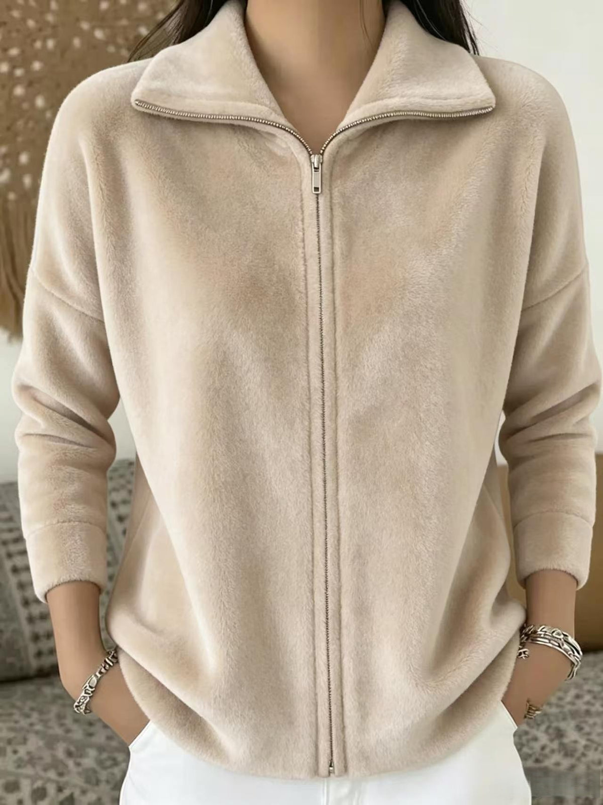 Women's Oversized Zip-Up Fleece Jacket Casual Collared