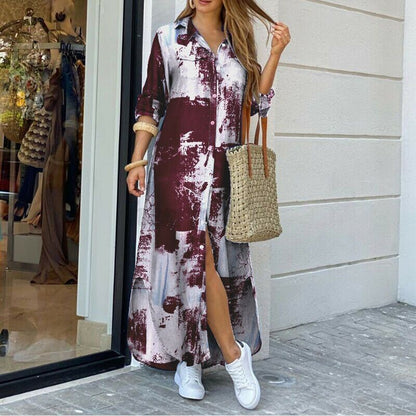 Women's Long Sleeve Button Down Printed Maxi Shirt Dress