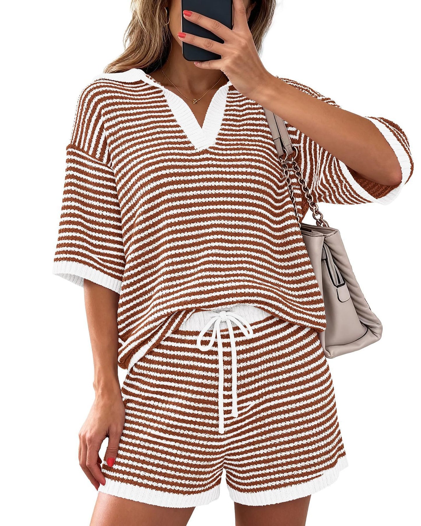 Pink Stripe Knit Lounge Set V Neck Top Shorts Set