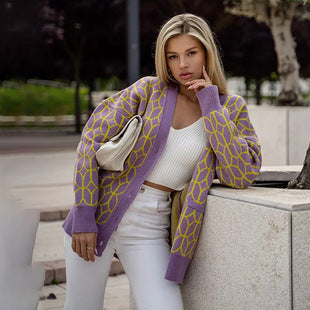 Y2K Oversized Geometric Knit Cardigan Button Front
